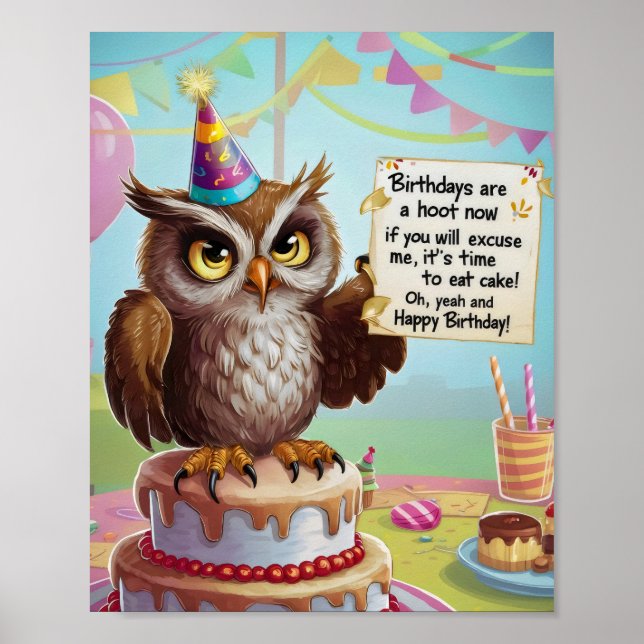 Owl wearing birthday hat standing on cake poster (Front)