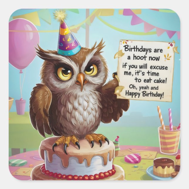 Owl wearing birthday hat standing on cake square sticker (Front)