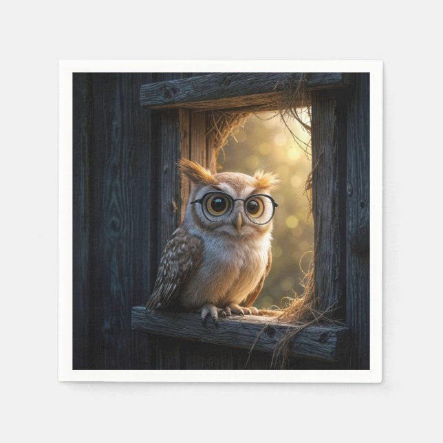 Owl Wearing Glasses In Barn Window Napkins (Front)