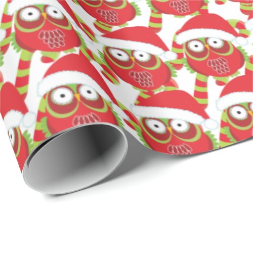 Owl wearing Santa hat cartoon seamless holiday Wrapping Paper