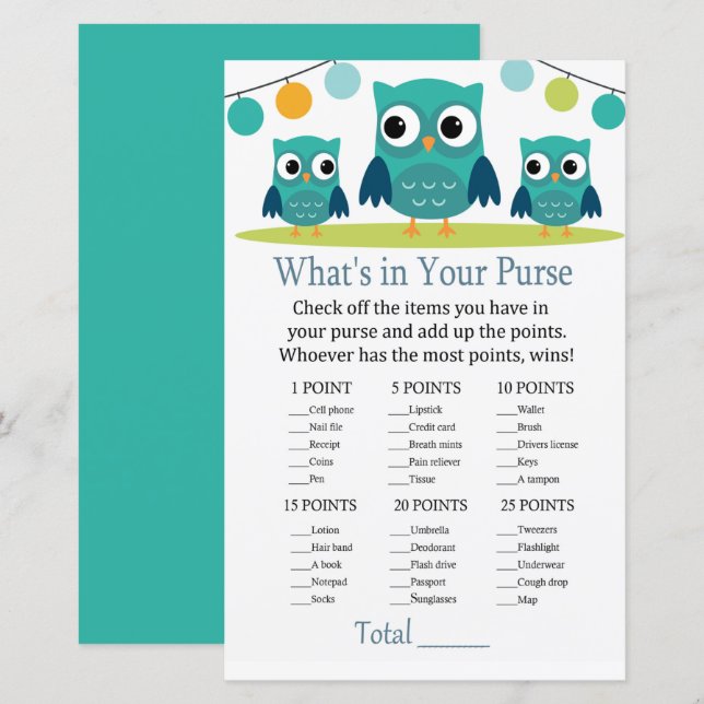 Owl What's in your purse game baby shower (Front/Back)