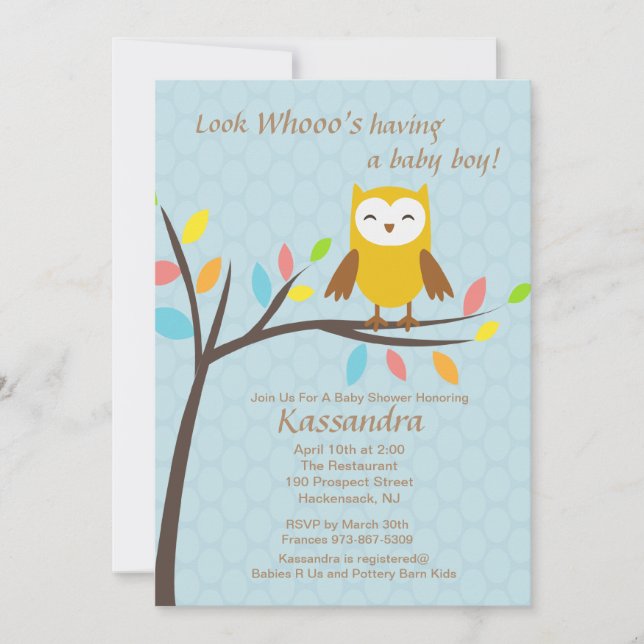 Owl Who's Having a Baby Boy baby Shower Invitation (Front)