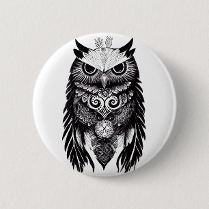 Owl Wild Animal Nature Illustration Art Tattoo Button