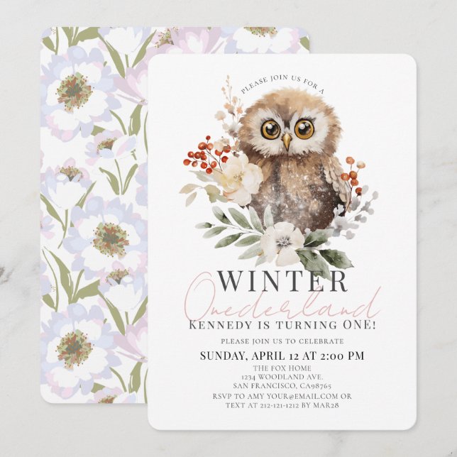 Owl Winter Onederland Girl 1st Birthday Invitation (Front/Back)