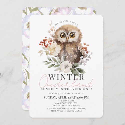 Owl Winter Onederland Girl 1st Birthday Invitation