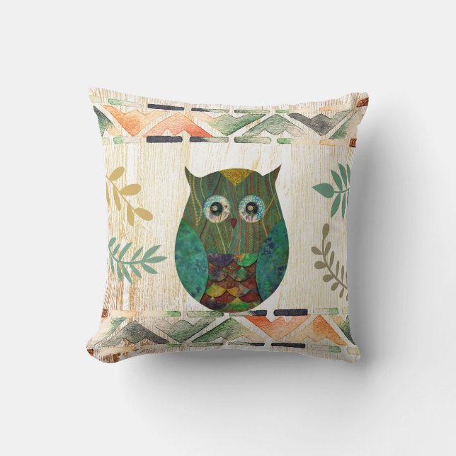 Owl Wisdom Tribal Motif Throw Pillow (Front)