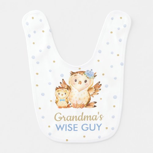 Owl Wise Guy Blue and Gold Dots Boy Baby Bib