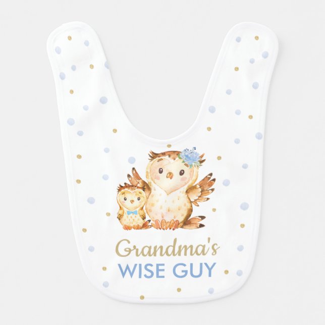 Owl Wise Guy Blue and Gold Dots Boy Baby Bib (Front)