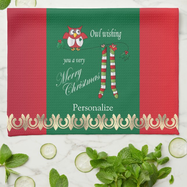 Owl Wish You a Merry Christmas Kitchen Towel (Folded)