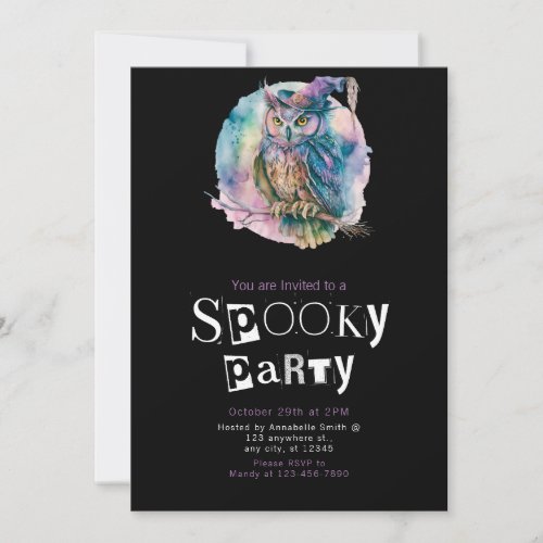 Owl Witches Hat Pastel Spooky Halloween Party Invitation
