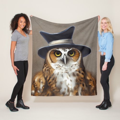 Owl with a hat painting fleece blanket