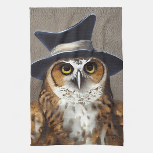 Owl with a hat painting kitchen towel