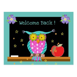 Owl with chalkboard and apple back-to-school postcard