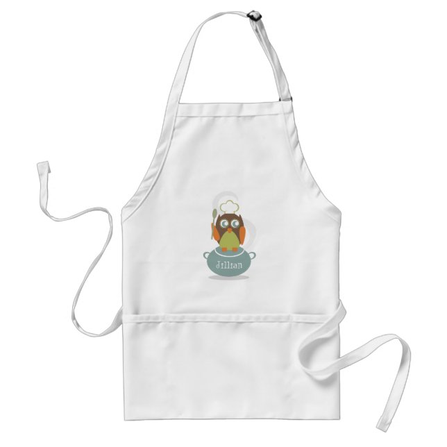 Owl With Chef's Hat & Spoon On Cooking Pot Adult Apron (Front)