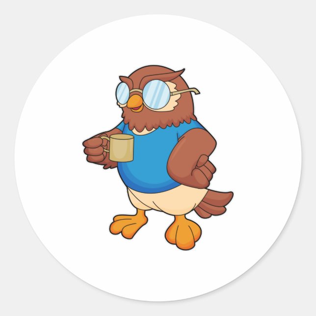 Owl with Coffee mug Classic Round Sticker (Front)