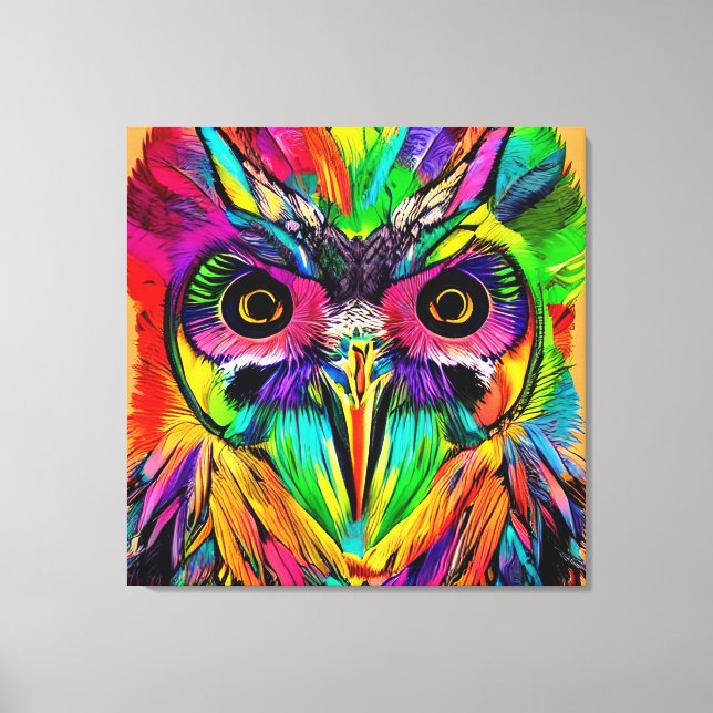 Owl with Colorful Feathers Quirky AI Art Canvas Print (Front)