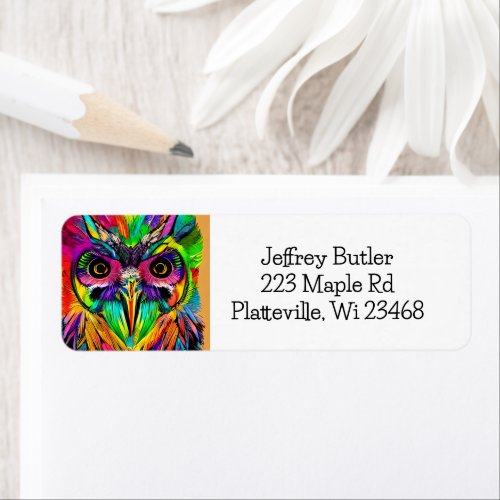 Owl with Colorful Feathers Quirky AI Art Label
