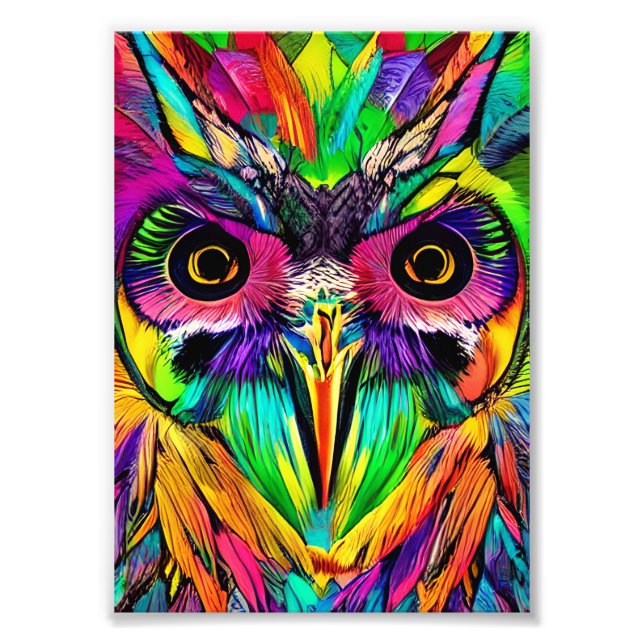 Owl with Colorful Feathers Quirky AI Art Photo Print (Front)
