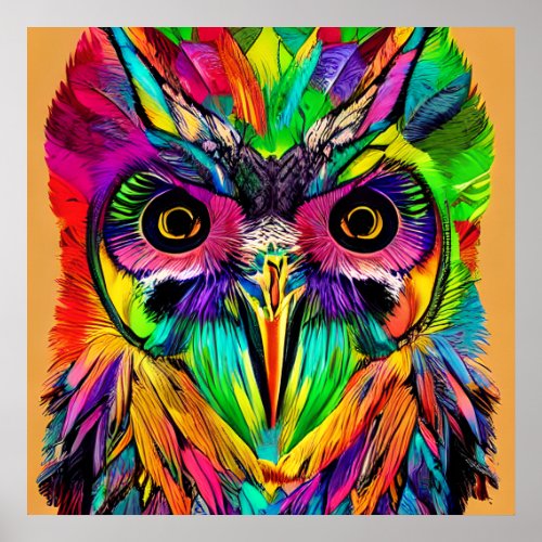 Owl with Colorful Feathers Quirky AI Art Poster