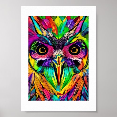 Owl with Colorful Feathers Quirky AI Art Poster