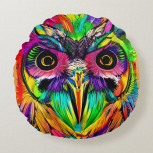Owl with Colorful Feathers Quirky AI Art Round Pillow