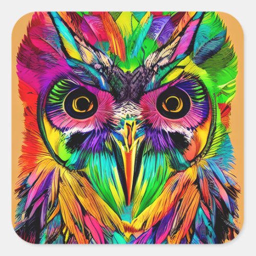 Owl with Colorful Feathers Quirky AI Art Square Sticker