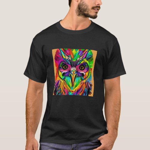 Owl with Colorful Feathers Quirky AI Art T_Shirt