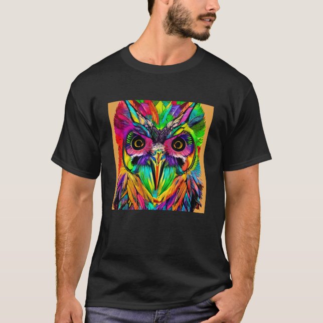 Owl with Colorful Feathers Quirky AI Art T-Shirt (Front)