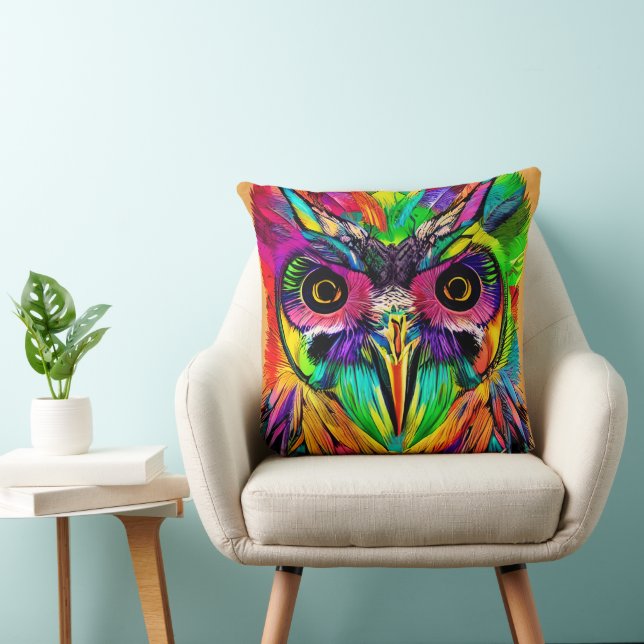 Owl with Colorful Feathers Quirky AI Art Throw Pillow (Chair)