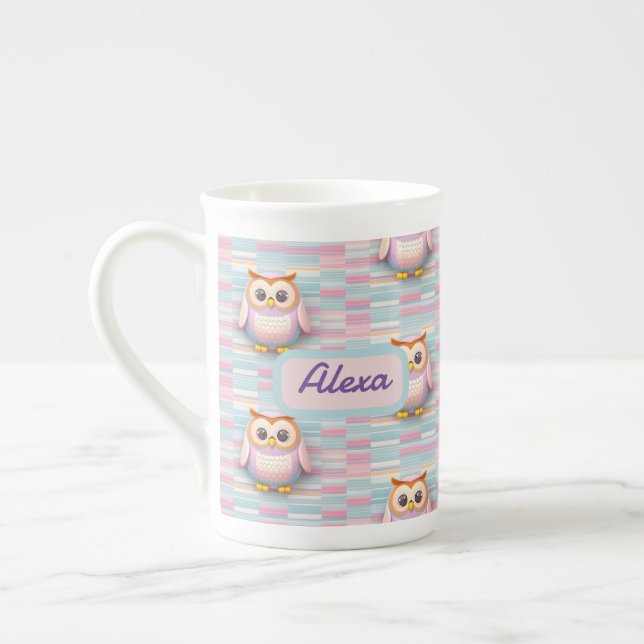 Owl with cross stripes pattern pastel pattern bone china mug (Left)