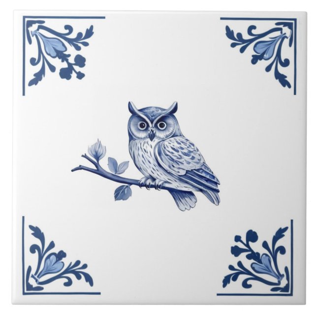 Owl with Delft Blue and White Corner Flourish Ceramic Tile (Front)