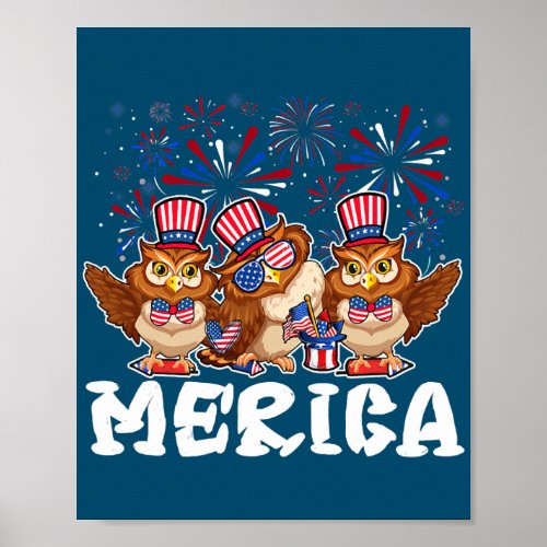 Owl With Fireworks Sunglasses Hat Merica Funny Poster