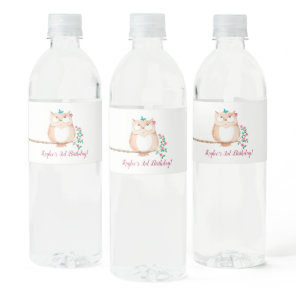 Owl with Flowers Birthday Water Bottle Label