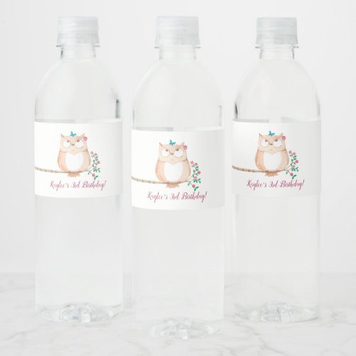 Owl with Flowers Birthday Water Bottle Label