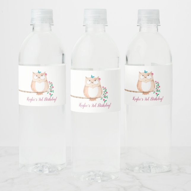 Owl with Flowers Birthday Water Bottle Label (Bottles)