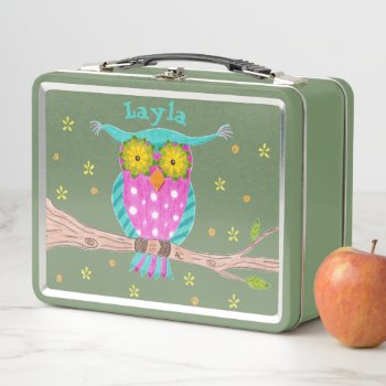 Owl With Flowery Eyes Kid Metal Lunch Box by ArianeC at Zazzle