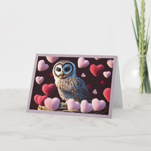 Owl with Fuzzy Hearts Valentines Day Card