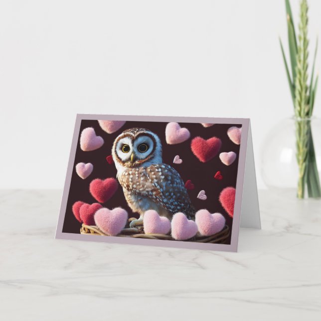 Owl with Fuzzy Hearts Valentine's Day Card (Front)