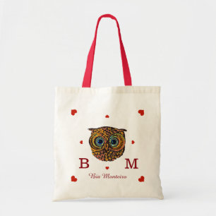 owl with initials and name personalized tote bag