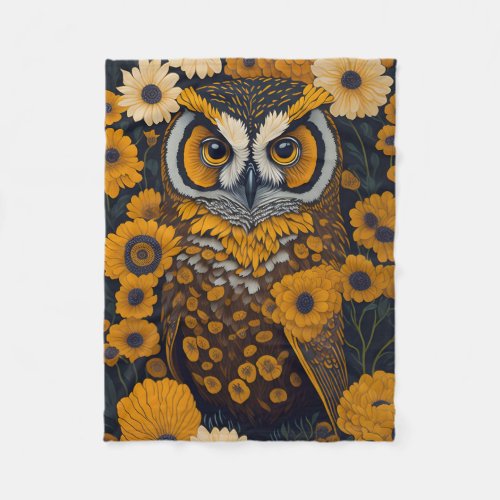 Owl with large eyes in front of flowers 2 fleece blanket