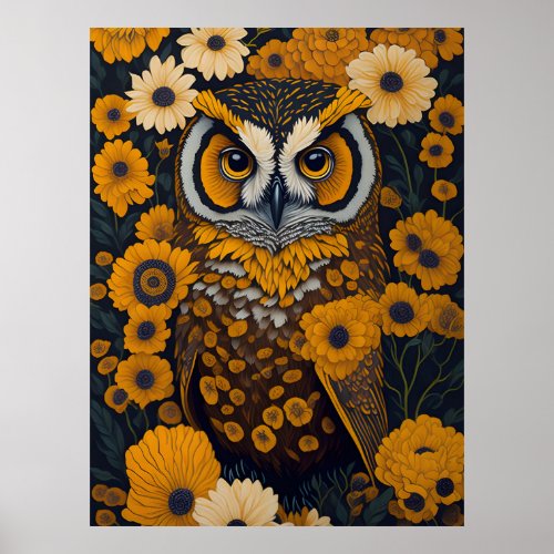 Owl with large eyes in front of flowers 2 poster