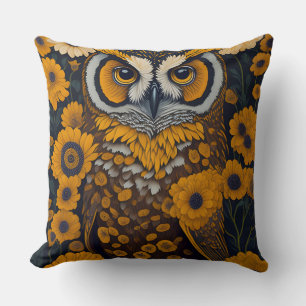 Owl with large eyes in front of flowers #2 throw pillow