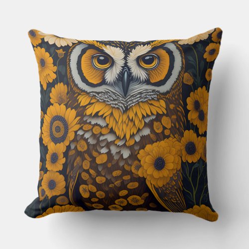 Owl with large eyes in front of flowers 2 throw pillow