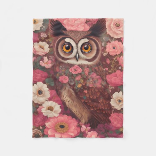 Owl with large eyes in front of flowers 3 fleece blanket