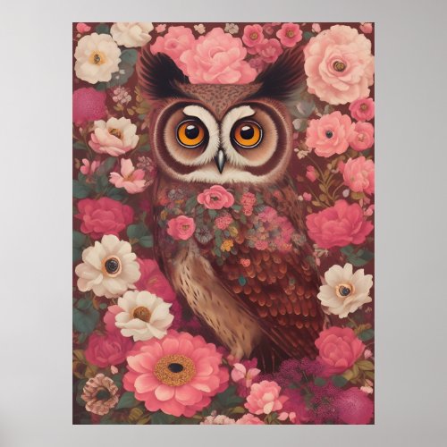 Owl with large eyes in front of flowers 3 poster