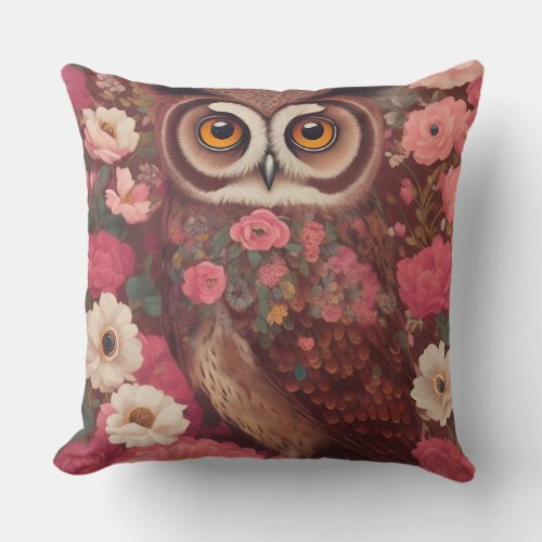Owl with large eyes in front of flowers 3 throw pillow
