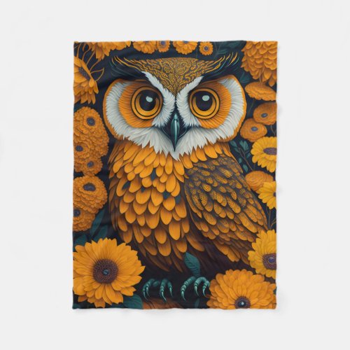 Owl with large eyes in front of flowers fleece blanket