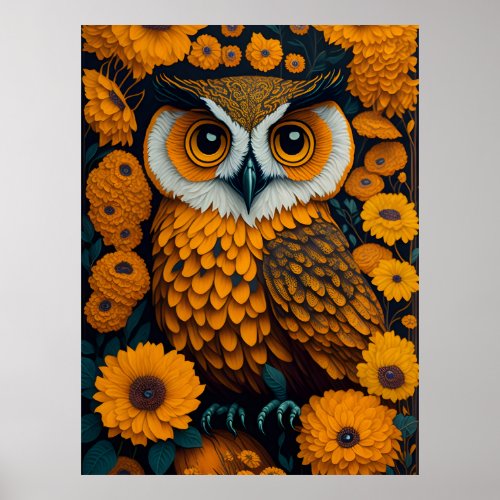 Owl with large eyes in front of flowers poster