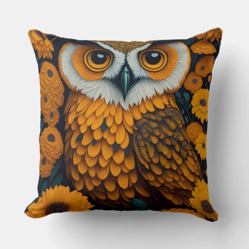 Owl with large eyes in front of flowers throw pillow