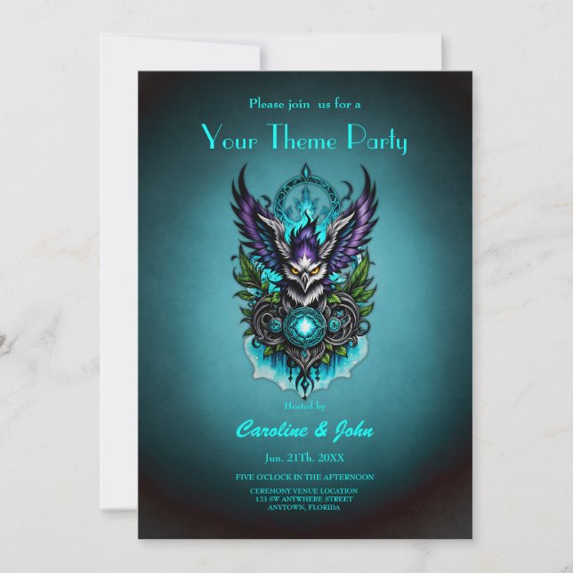 Owl with magical elements.  invitation (Front)